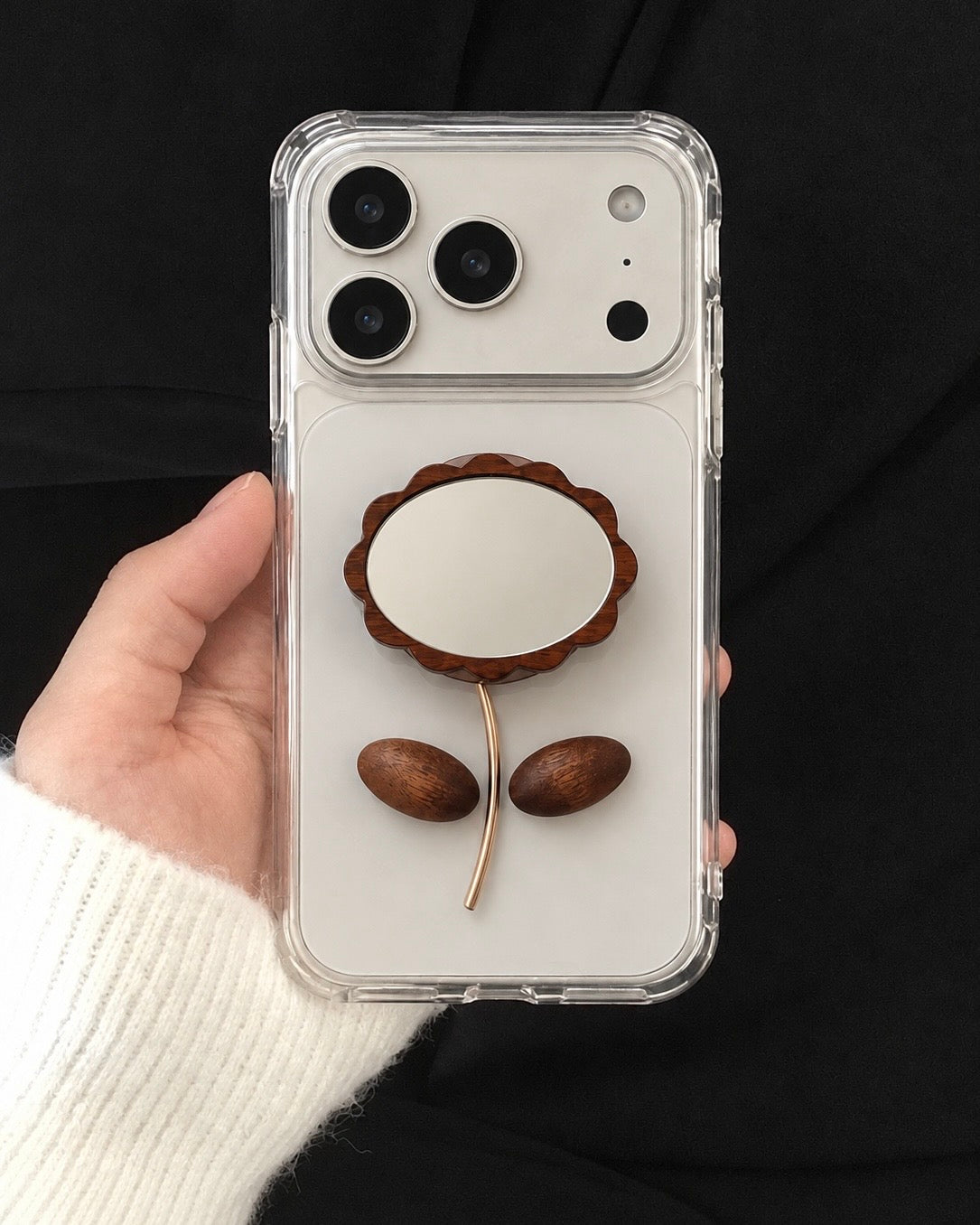 天然木のお花ミラー付きスマホグリップケース ブラウン 写真5