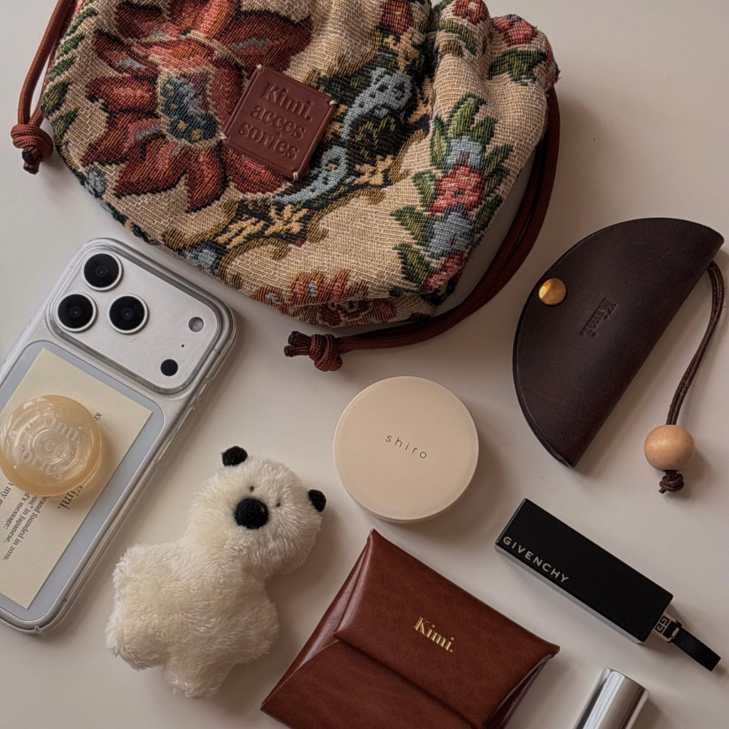 Floral Gobelin Pouch (Beige)｜花柄ゴブラン巾着ポーチ（ベージュ）