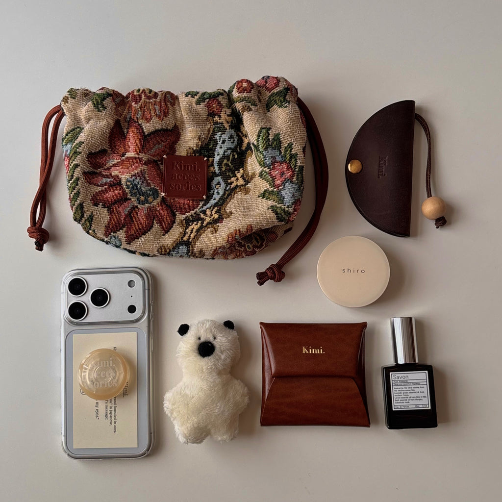 Floral Gobelin Pouch (Beige)｜花柄ゴブラン巾着ポーチ（ベージュ）