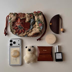 Floral Gobelin Pouch (Beige)｜花柄ゴブラン巾着ポーチ（ベージュ）