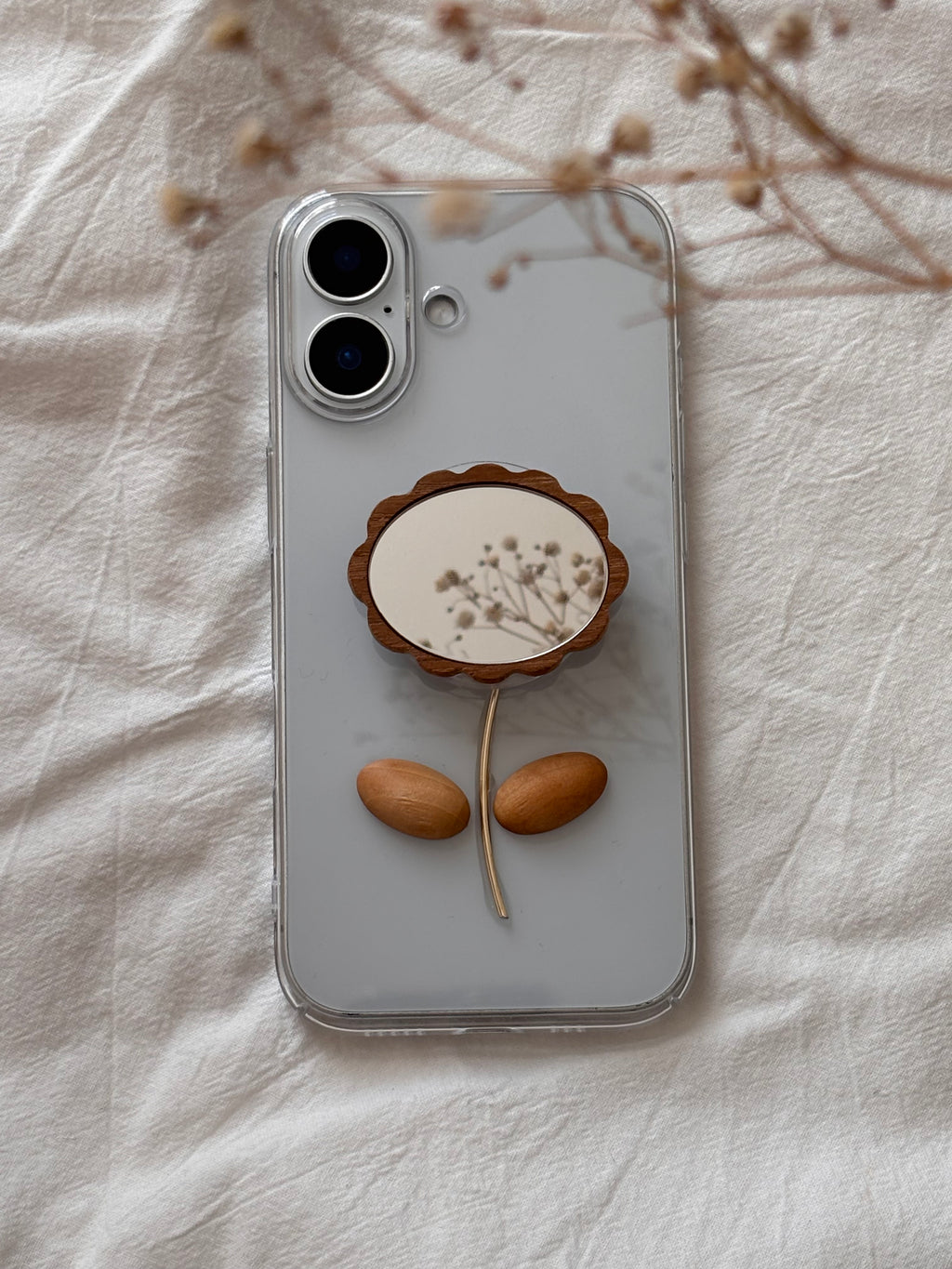 Wood Flower Mirror Grip Case – Natural