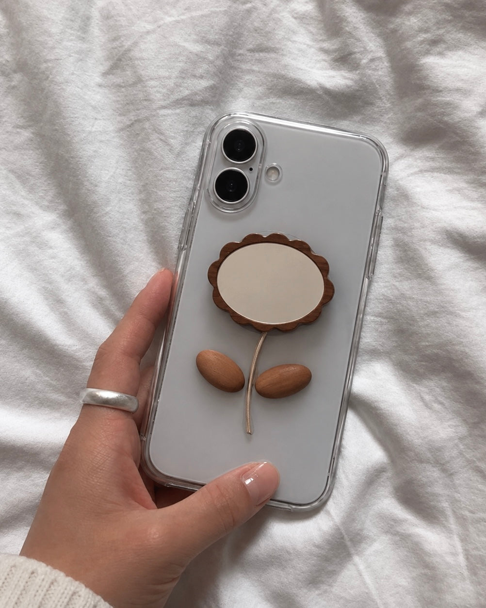 Wood Flower Mirror Grip Case – Natural